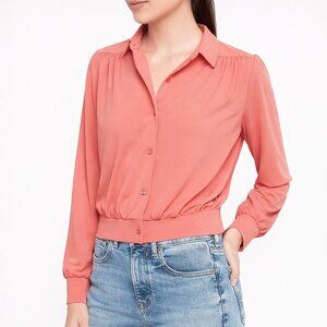 Soft & Drapey Coral Blush Button-Front Banded-Hem Collared Blouson Top XXS